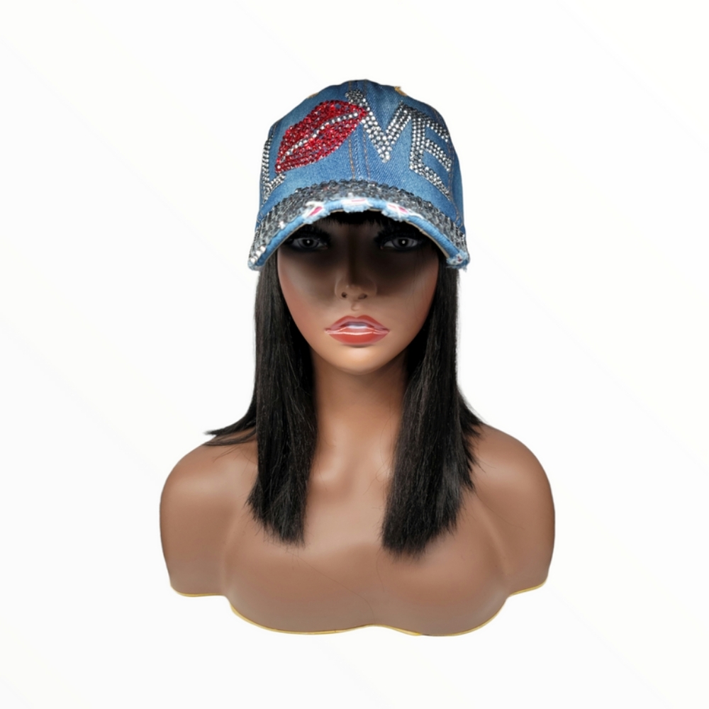 Denim "LOVE" Rhinestons Cap - Picture 2 of 2